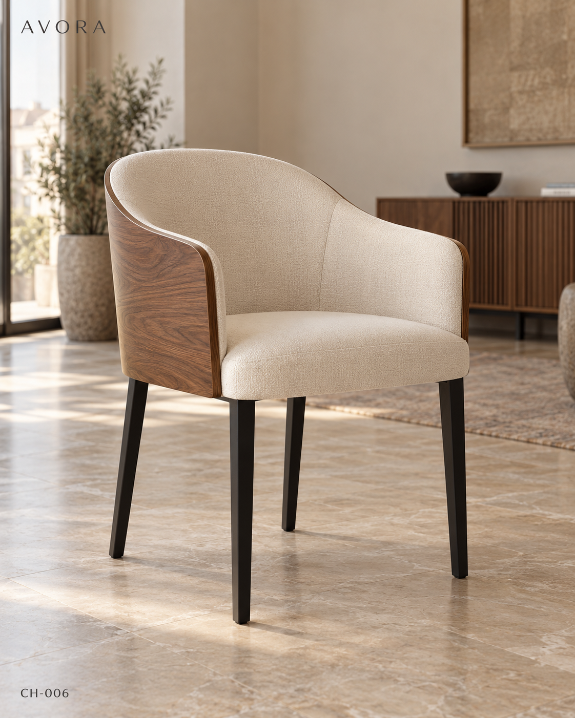 Curved walnut and cream upholstered dining armchair