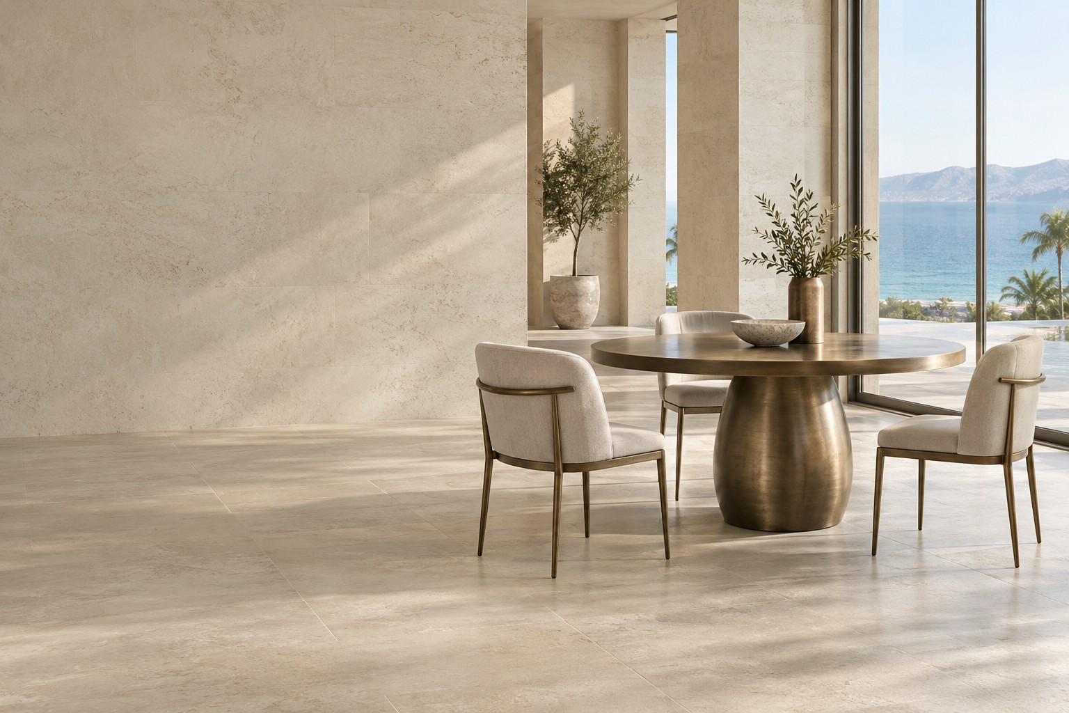 Design concept of a sculptural bronze dining table and cream chairs in a sunlit stone interior