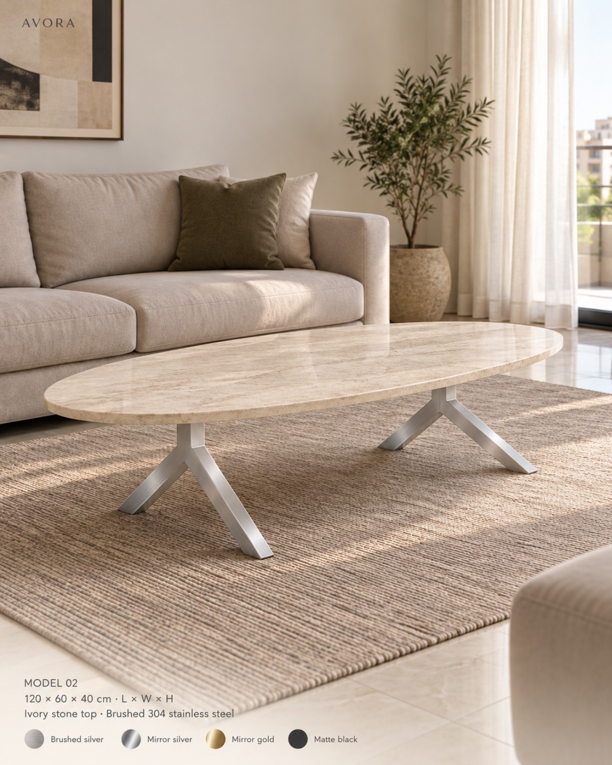 Model 02 oval coffee table with brushed stainless steel legs